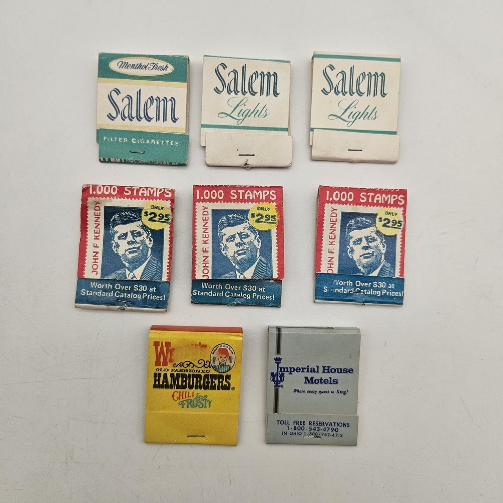 Vintage Matchbook Lot 8 Salem JFK Stamps Wendy's Imperial House Motel